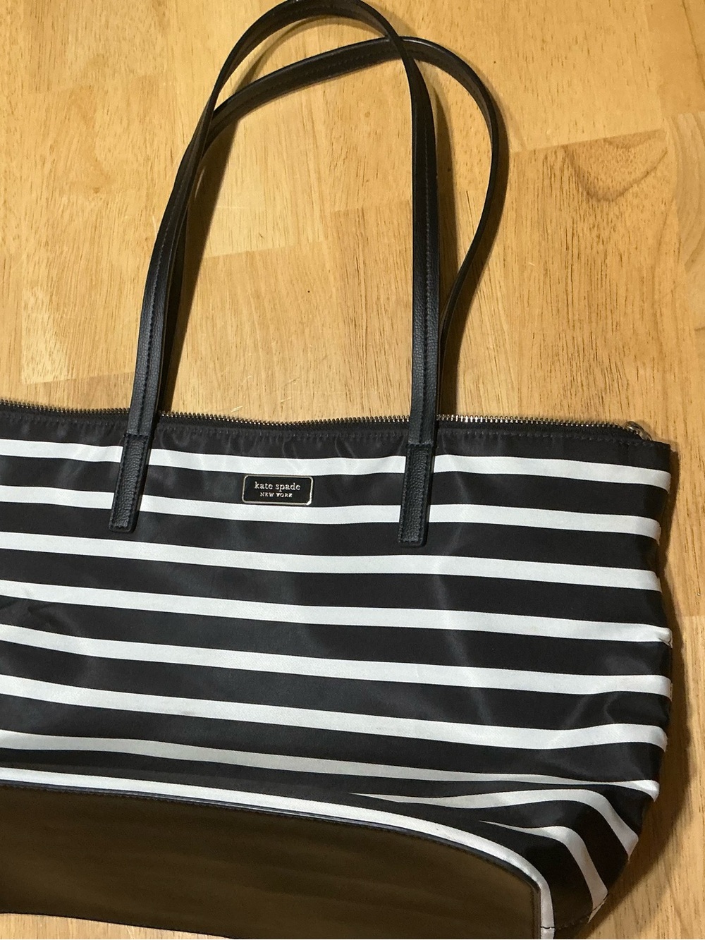 kate spade Black and White Striped Tote with Leather Handles
